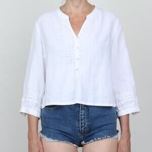 White 100% Linen Semi Crop Top 3/4 Sleeve L